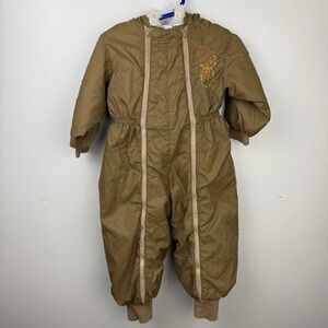VTG Sears Toddler Snowsuit Brown Cat Embroidery Dual Zipper Faux Fur Hood 24–30M